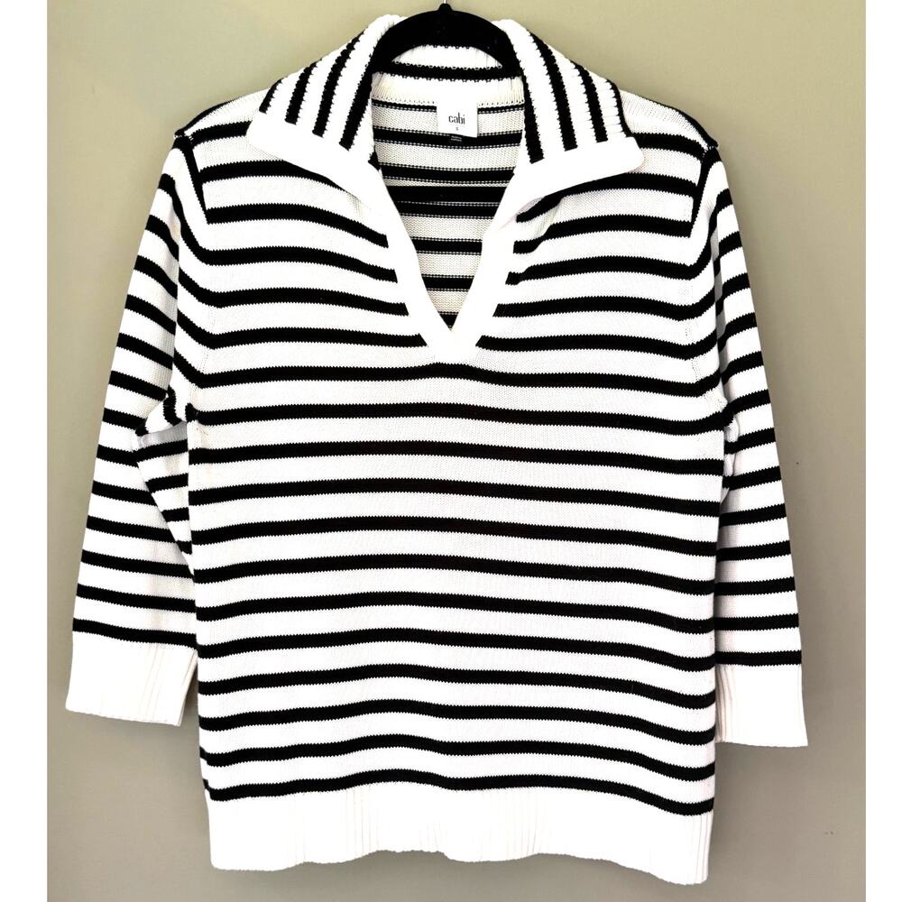 CAbI Nautical Sweater White Navy Blue Stripes Collar V-Neck 3/4 Sleeve Sz Small